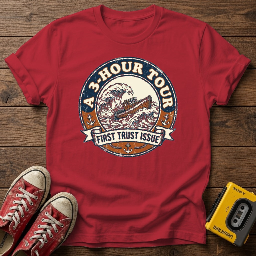 "A 3 Hour Tour"  T-Shirt — Cherry Red wood flat-lay