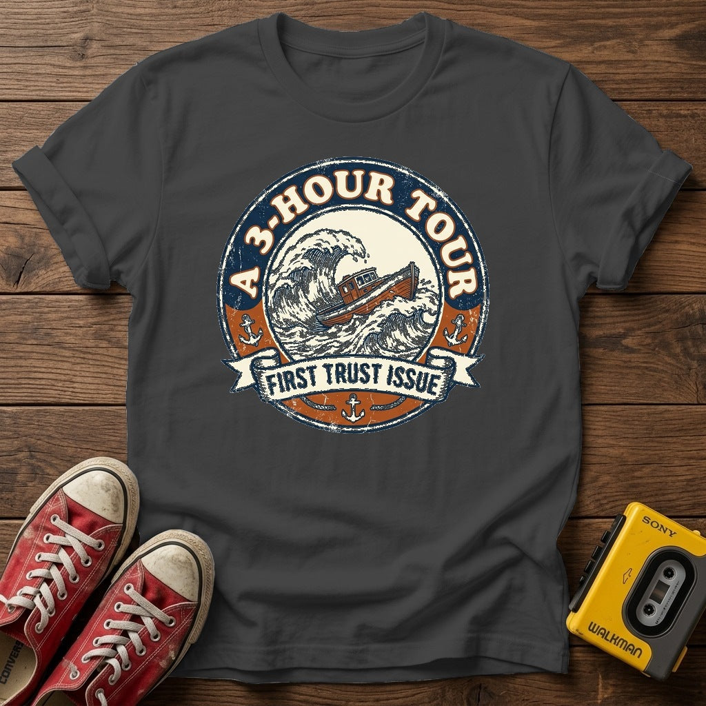 "A 3 Hour Tour"  T-Shirt — Dark Heather wood flat-lay