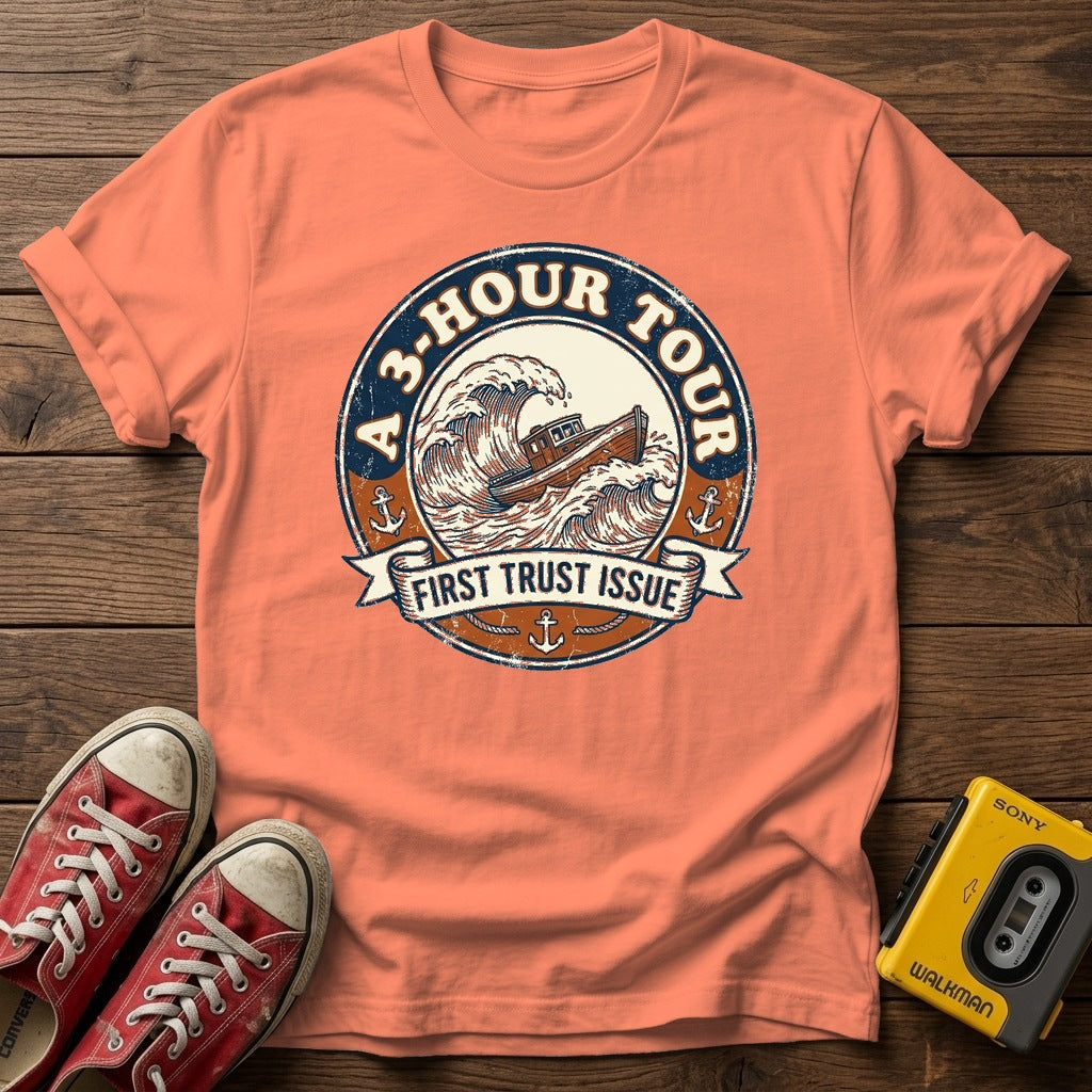 "A 3 Hour Tour"  T-Shirt — Heather Orange wood flat-lay