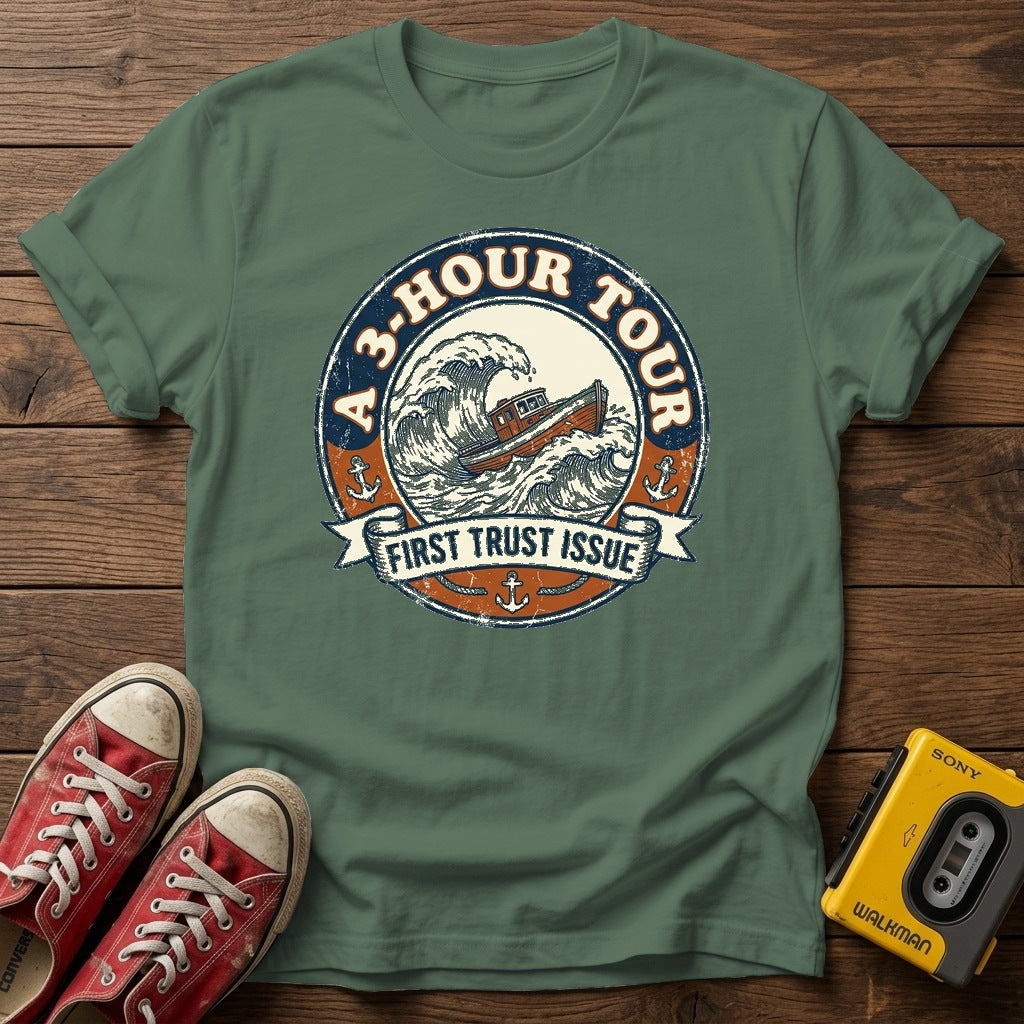 "A 3 Hour Tour"  T-Shirt — Military Green wood flat-lay