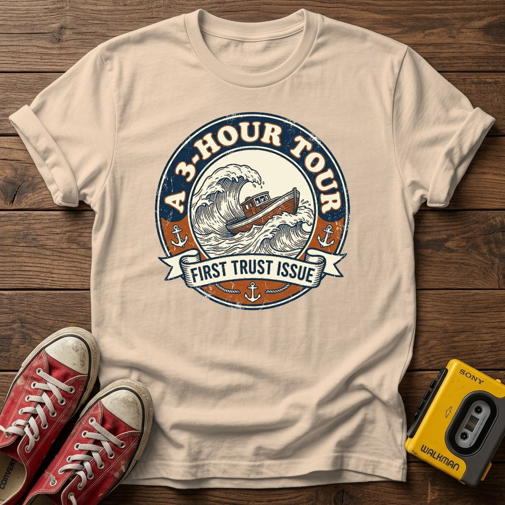 "A 3 Hour Tour"  T-Shirt — Natural wood flat-lay