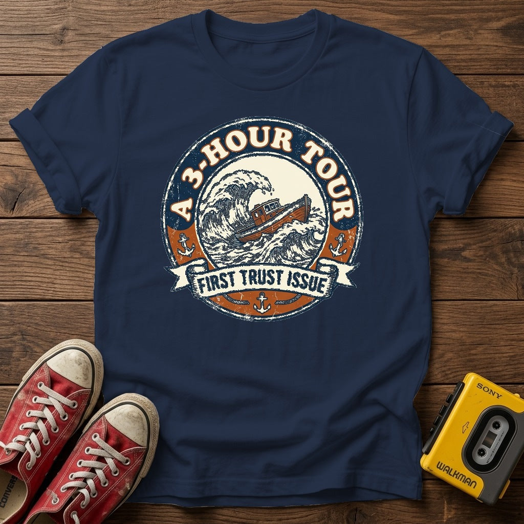 "A 3 Hour Tour"  T-Shirt — Navy wood flat-lay