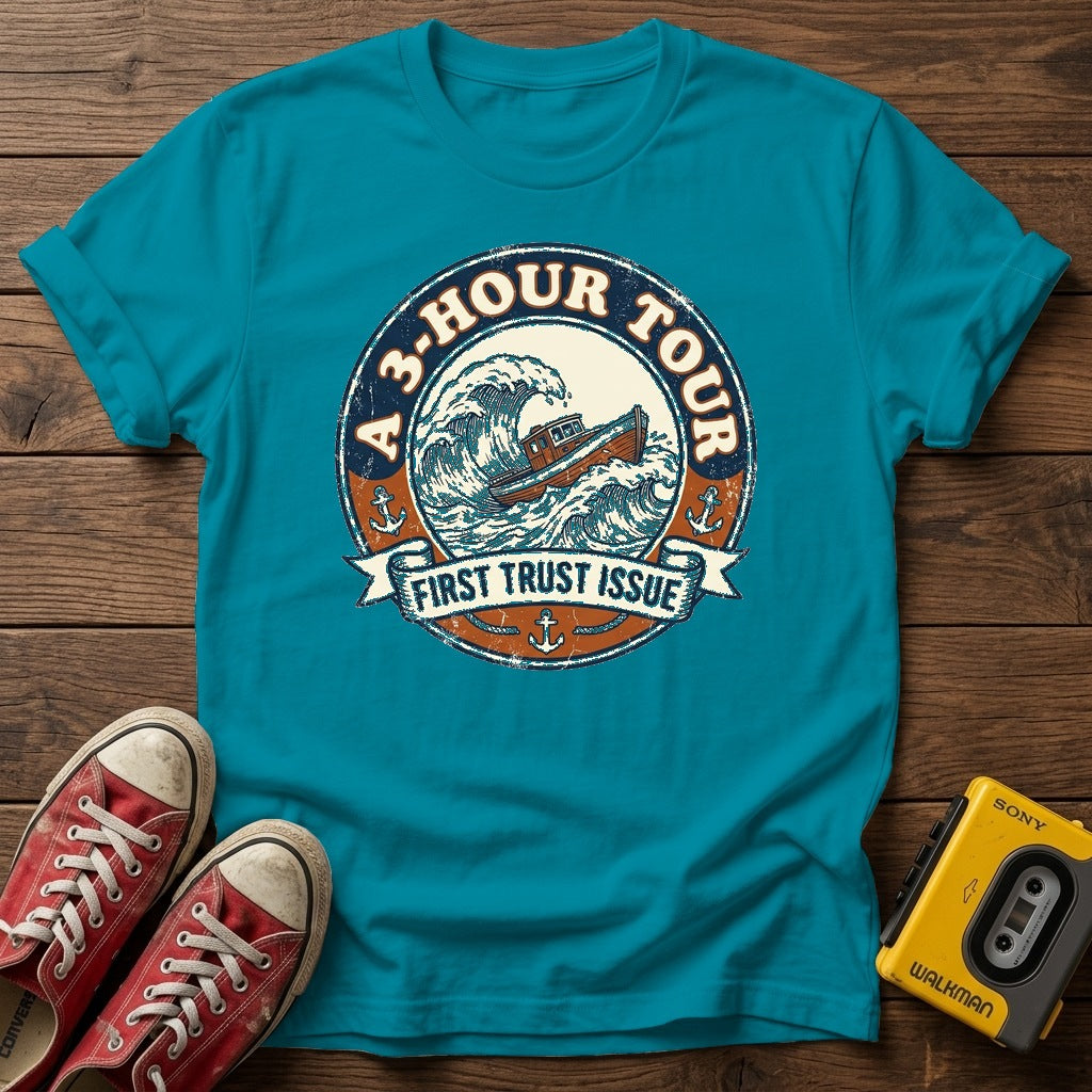 "A 3 Hour Tour"  T-Shirt — Tropical Blue wood flat-lay