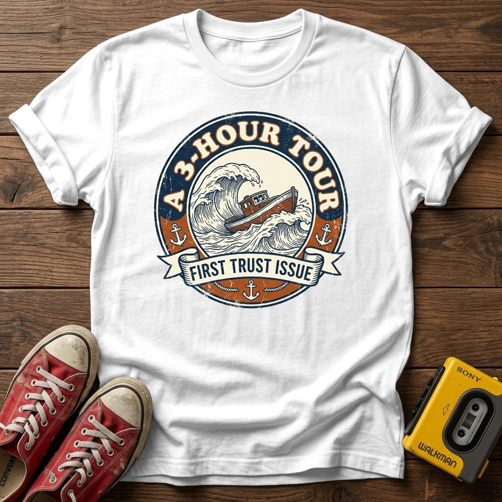 "A 3 Hour Tour"  T-Shirt — White wood flat-lay