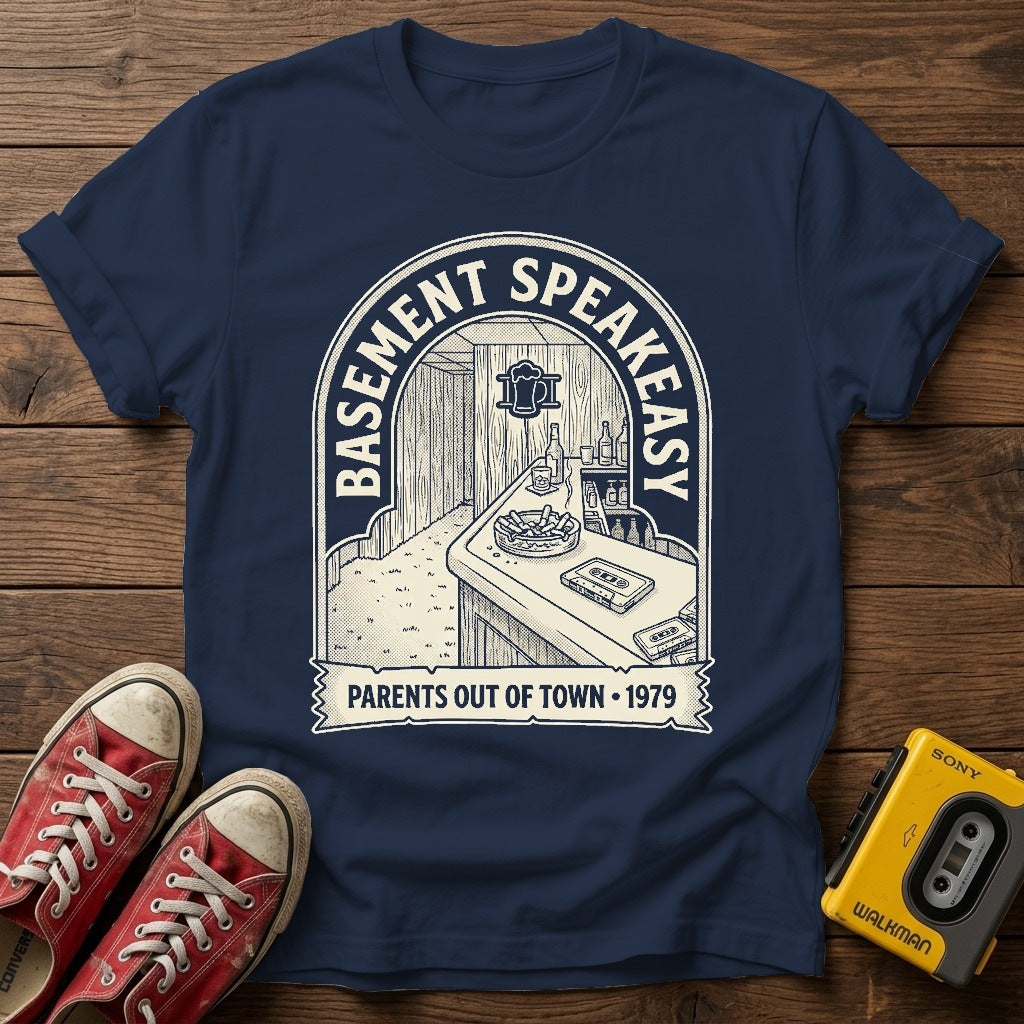 Basement Speakeasy Vintage T-Shirt — Navy wood flat-lay