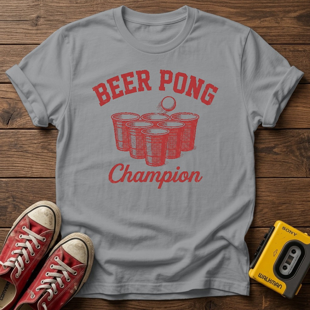 Beer Pong Champion T-Shirt — Sport Grey wood flat-lay