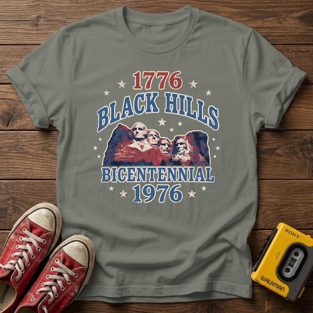 Black Hills Bicentennial T-Shirt — Heather Military Green wood flat-lay
