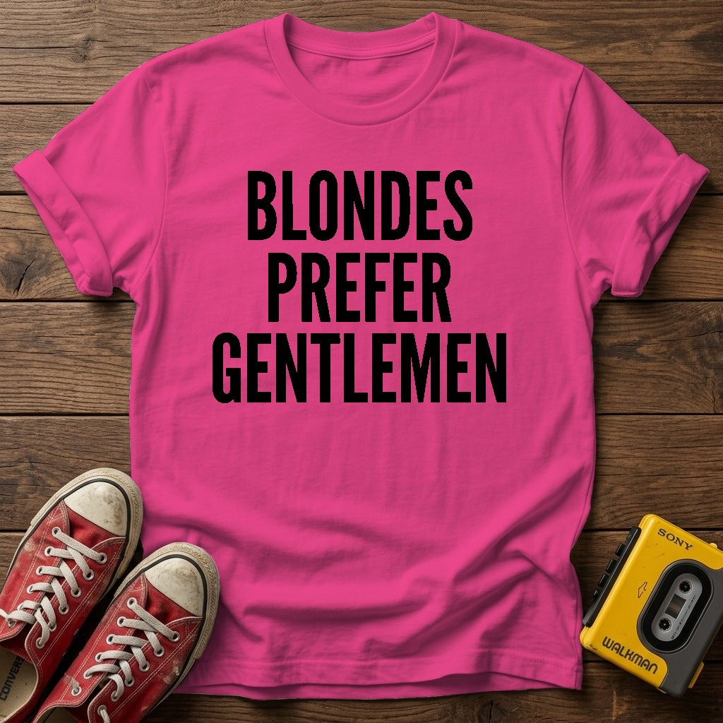 Blondes Prefer Gentlemen T-Shirt — Heather Heliconia wood flat-lay