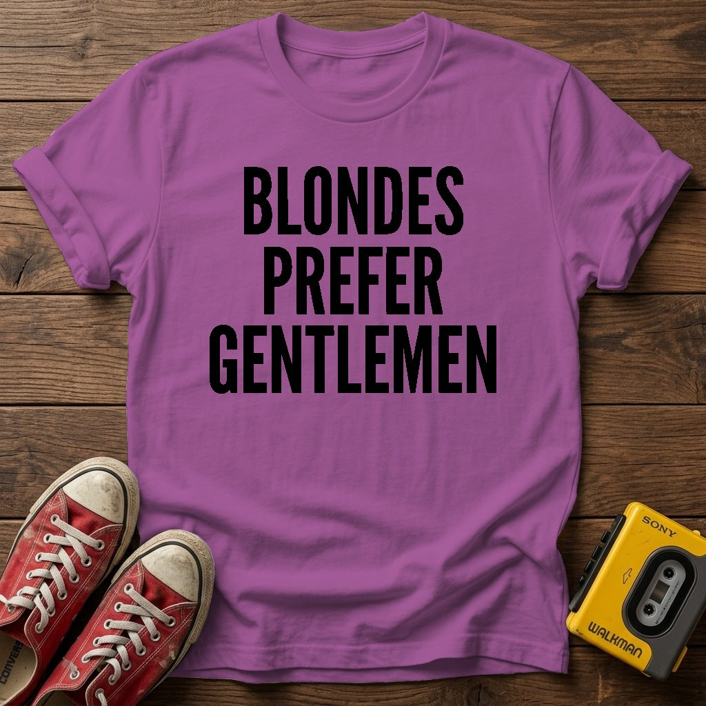 Blondes Prefer Gentlemen T-Shirt — Heather Radiant Orchid wood flat-lay