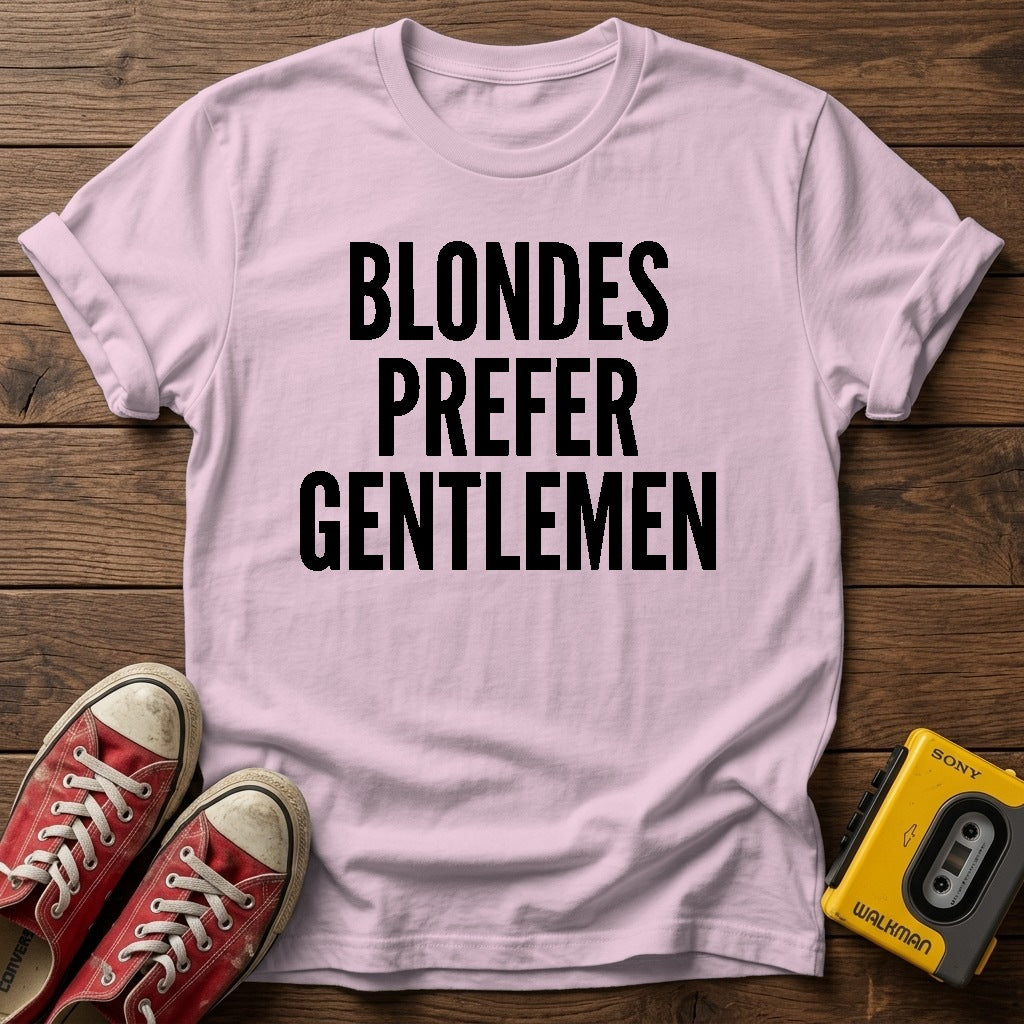 Blondes Prefer Gentlemen T-Shirt — Light Pink wood flat-lay