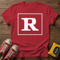 Bold 'R' Monogram Square Logo T-Shirt — Cherry Red wood flat-lay