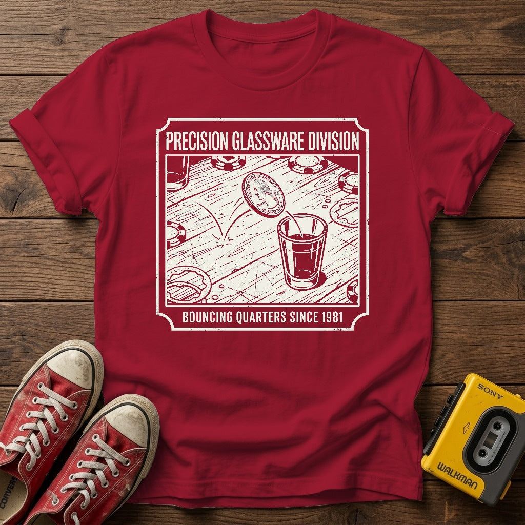 "Bouncing Quarters Since 1981" T-Shirt — Antique Cherry Red wood flat-lay