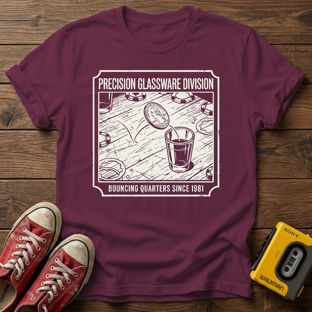"Bouncing Quarters Since 1981" T-Shirt — Heather Maroon wood flat-lay