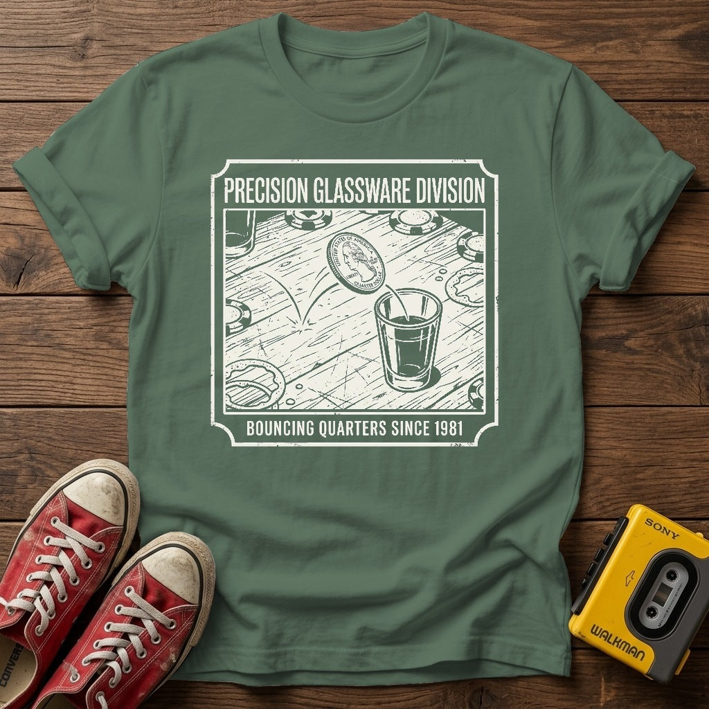 "Bouncing Quarters Since 1981" T-Shirt — Military Green wood flat-lay