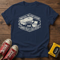 Camper Van Road Trip Graphic (Life Is Good) T-Shirt — Navy wood flat-lay