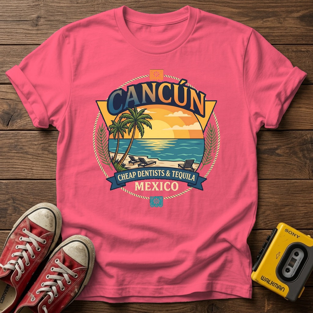 Cancún Beach Sunset T‑Shirt — Coral Silk wood flat-lay