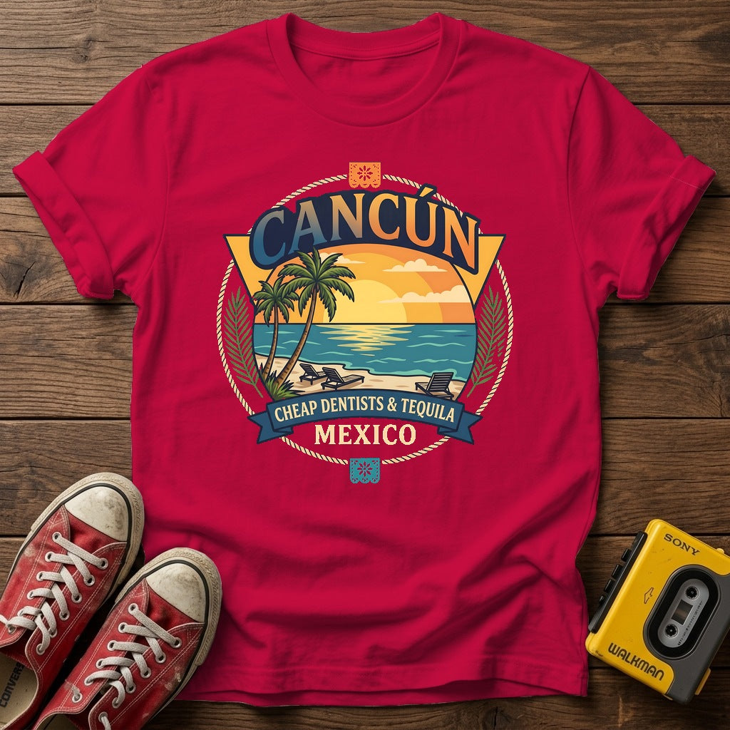 Cancún Beach Sunset T‑Shirt — Heather Red wood flat-lay