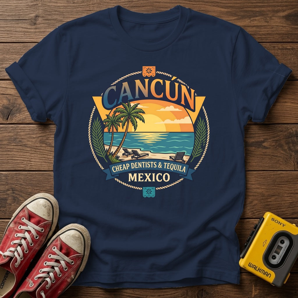 Cancún Beach Sunset T‑Shirt — Navy wood flat-lay