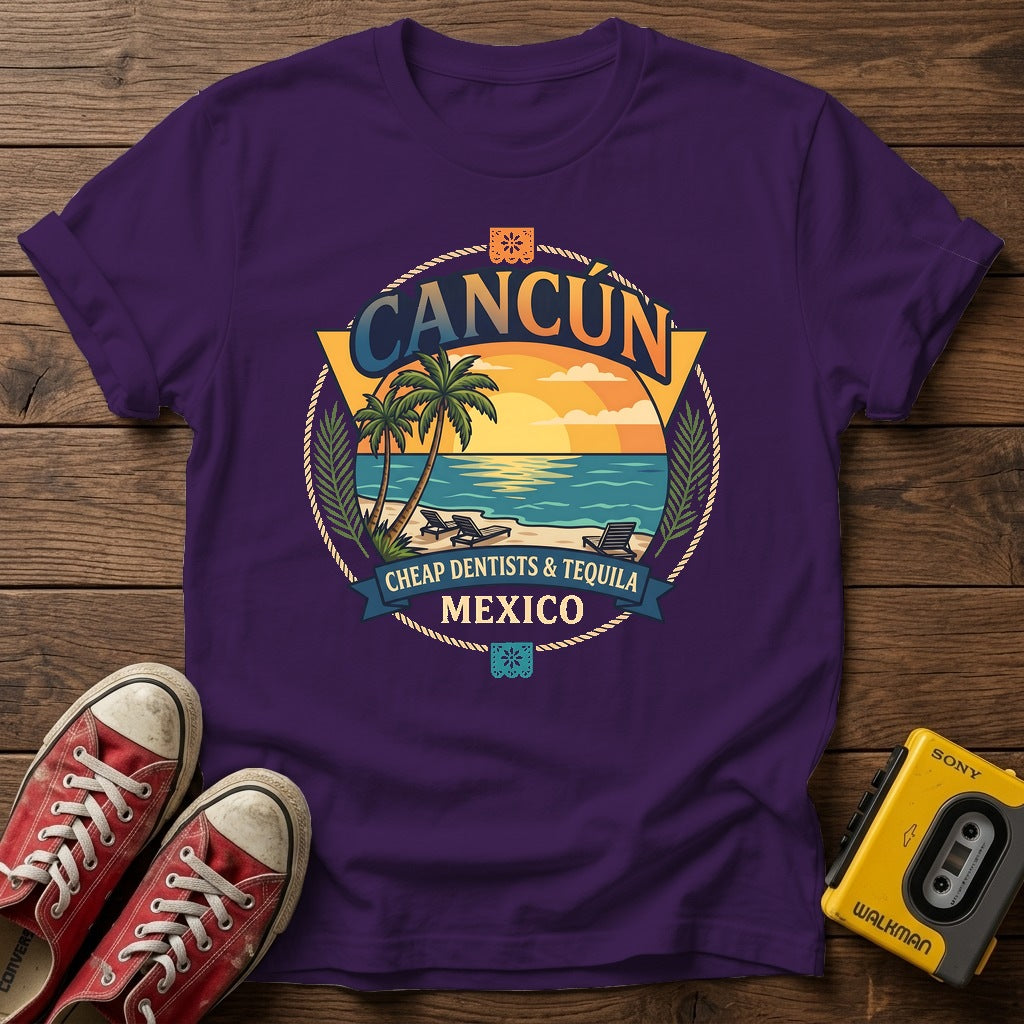 Cancún Beach Sunset T‑Shirt — Purple wood flat-lay