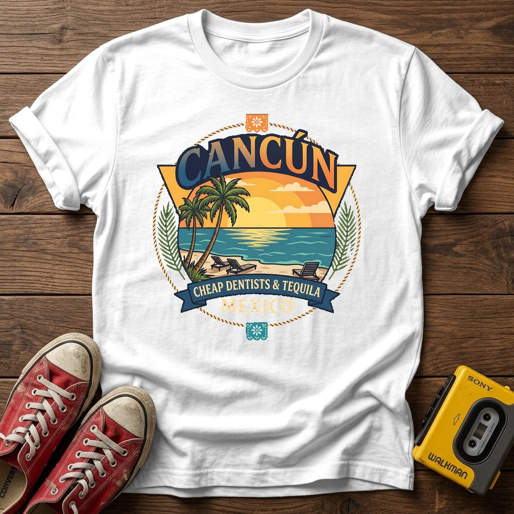 Cancún Beach Sunset T‑Shirt — White wood flat-lay