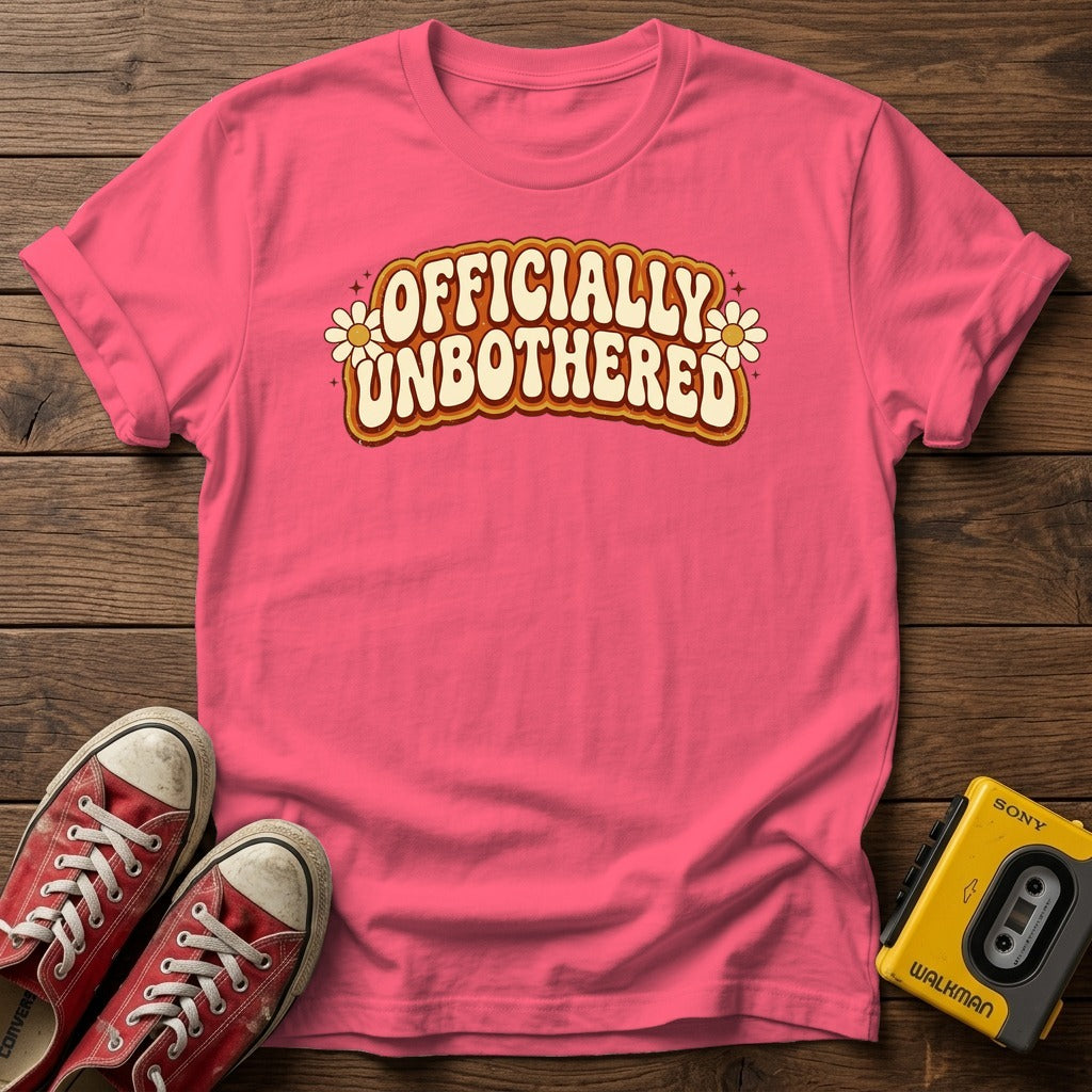Officially Unbothered T-Shirt, Coral Silk, wood flat lay