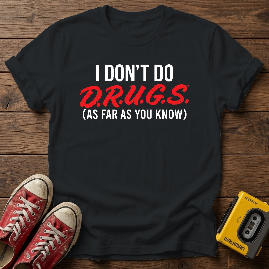 D.R.U.G.S. (As Far As You Know) Graphic T-Shirt — Black wood flat-lay