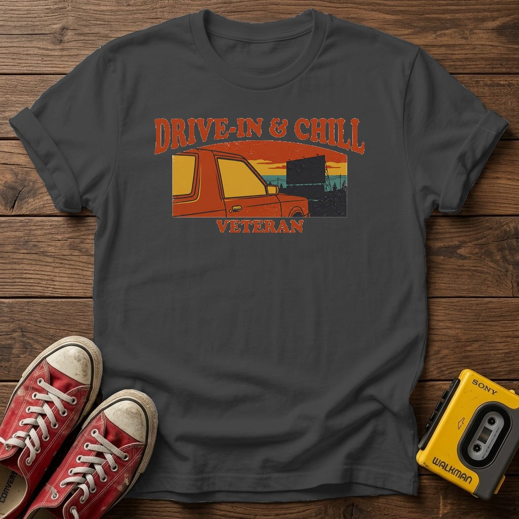 Drive-In & Chill Veteran T-Shirt — Dark Heather wood flat-lay