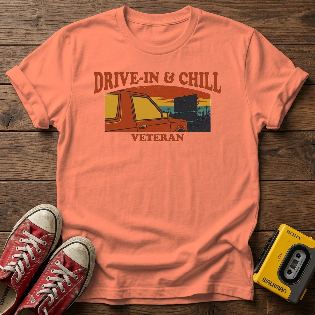Drive-In & Chill Veteran T-Shirt — Heather Orange wood flat-lay