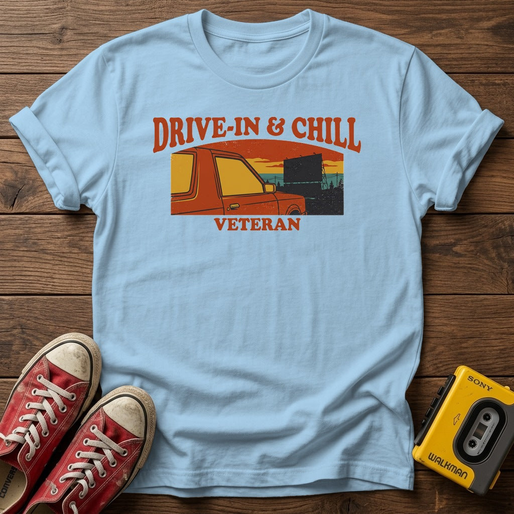 Drive-In & Chill Veteran T-Shirt — Light Blue wood flat-lay