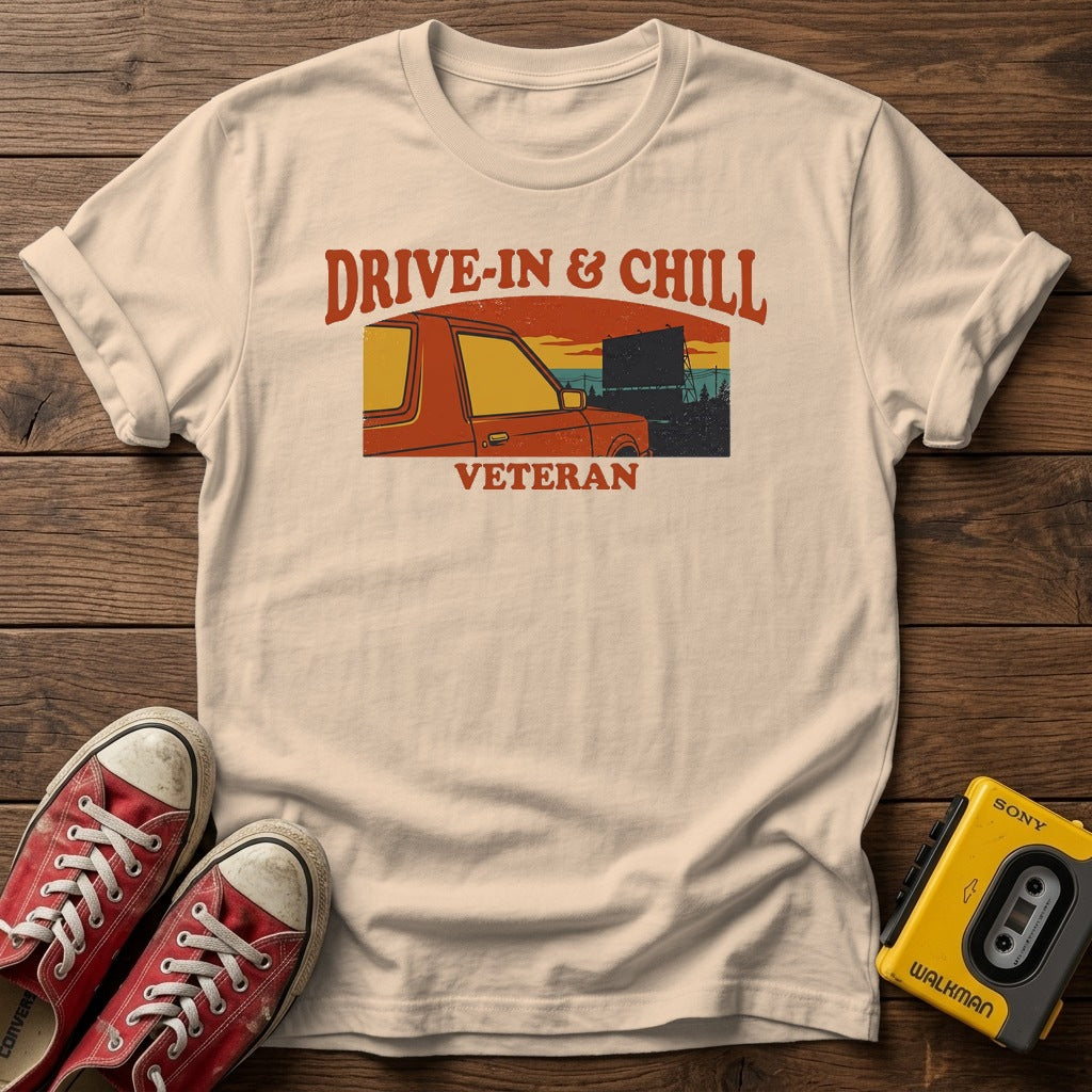 Drive-In & Chill Veteran T-Shirt — Natural wood flat-lay