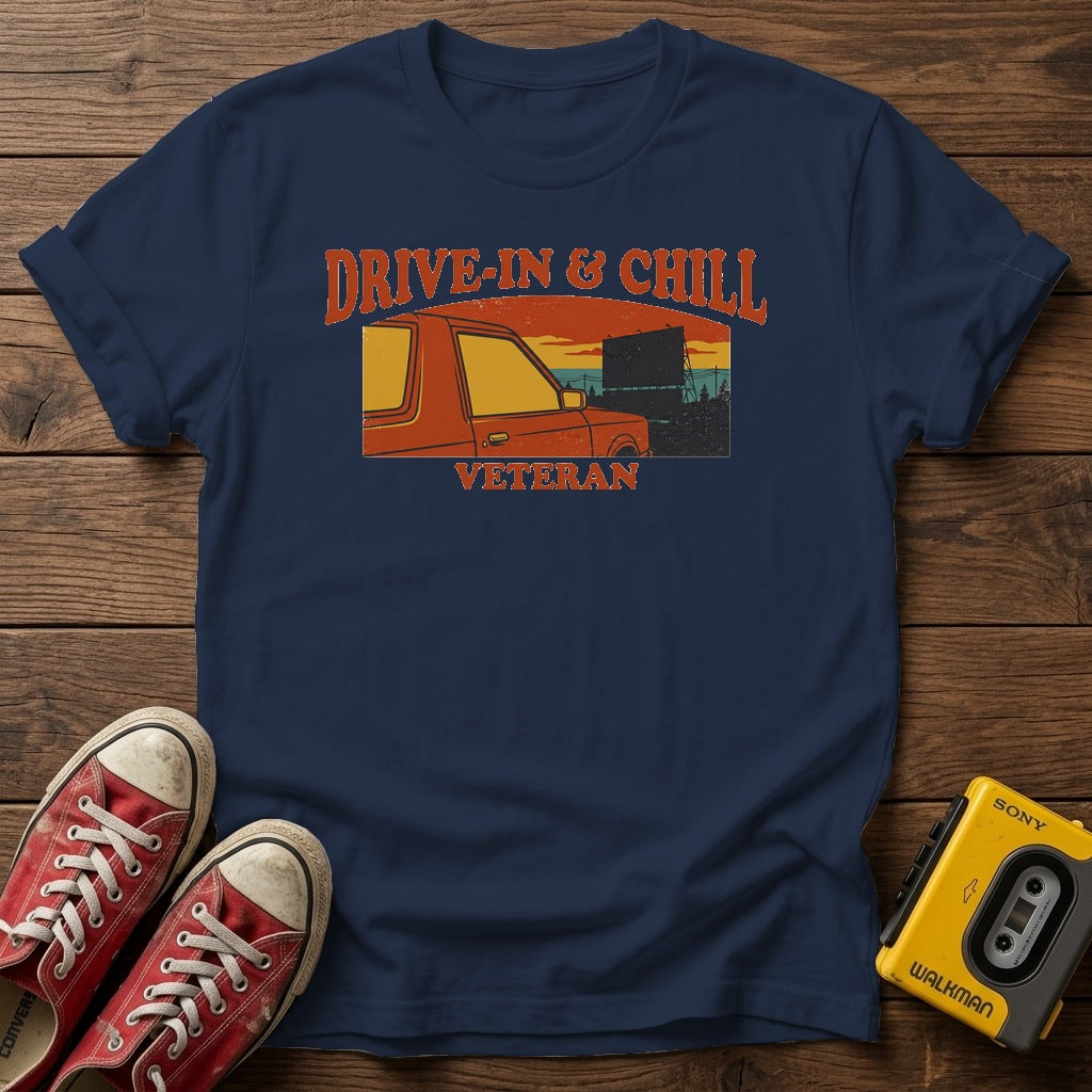 Drive-In & Chill Veteran T-Shirt — Navy wood flat-lay