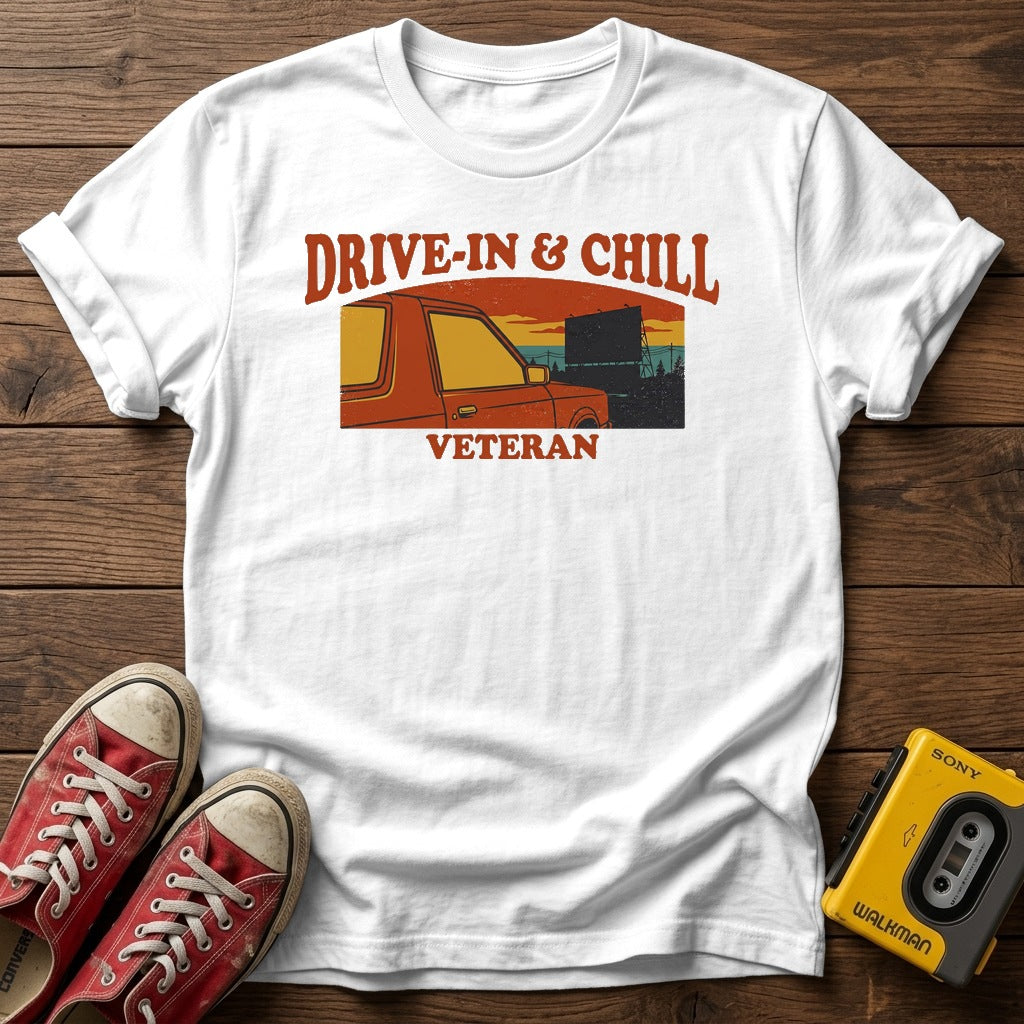 Drive-In & Chill Veteran T-Shirt — White wood flat-lay