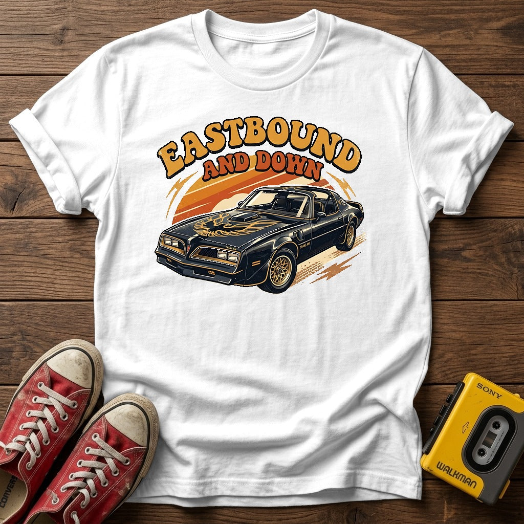 Eastbound and Down Classic Muscle Car T-Shirt — White wood flat-lay