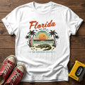Florida Sunshine State Sunset Palm Tree T-Shirt — White wood flat-lay