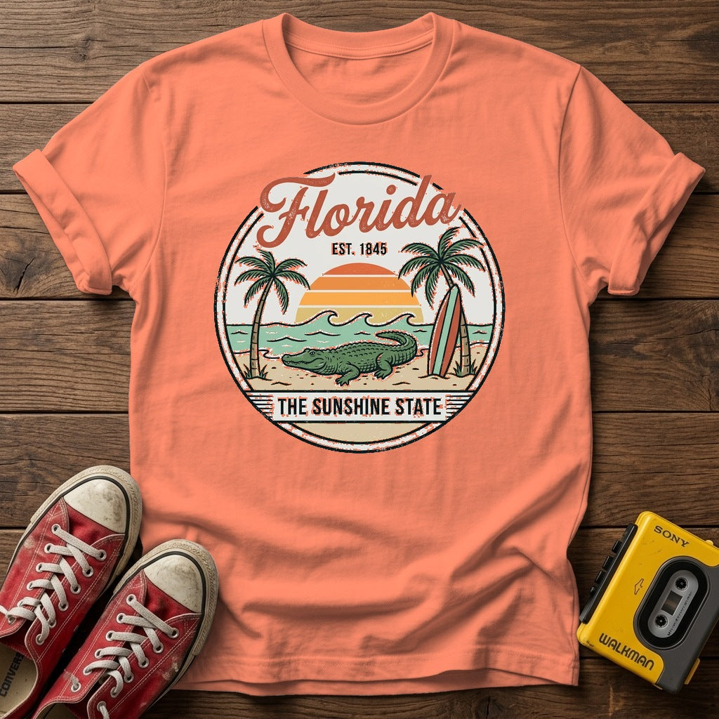 Florida Vintage Surf T-Shirt — Heather Orange wood flat-lay