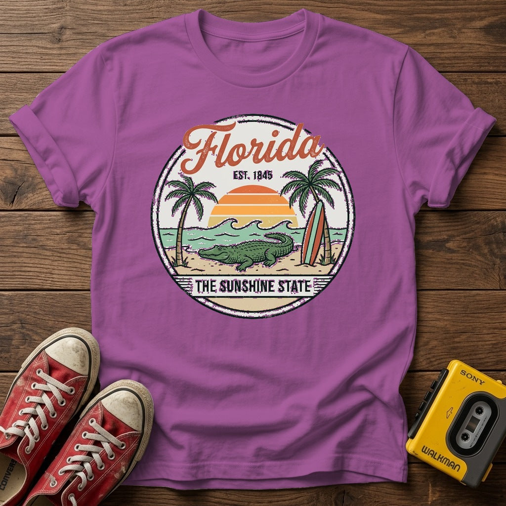 Florida Vintage Surf T-Shirt — Heather Radiant Orchid wood flat-lay