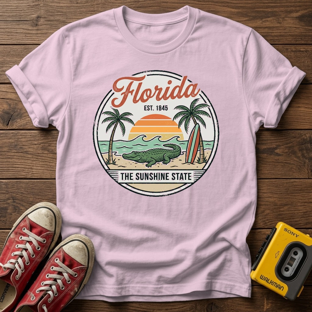 Florida Vintage Surf T-Shirt — Light Pink wood flat-lay