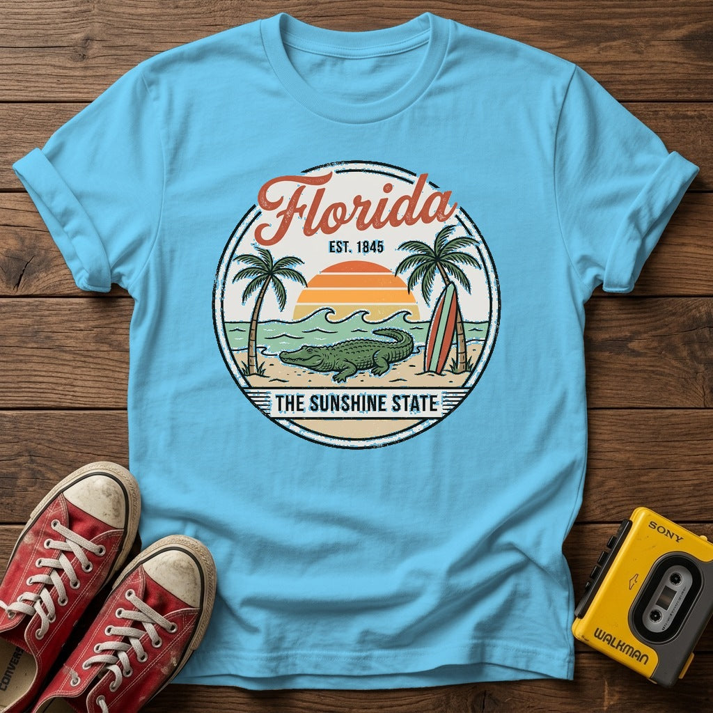 Florida Vintage Surf T-Shirt — Sky wood flat-lay