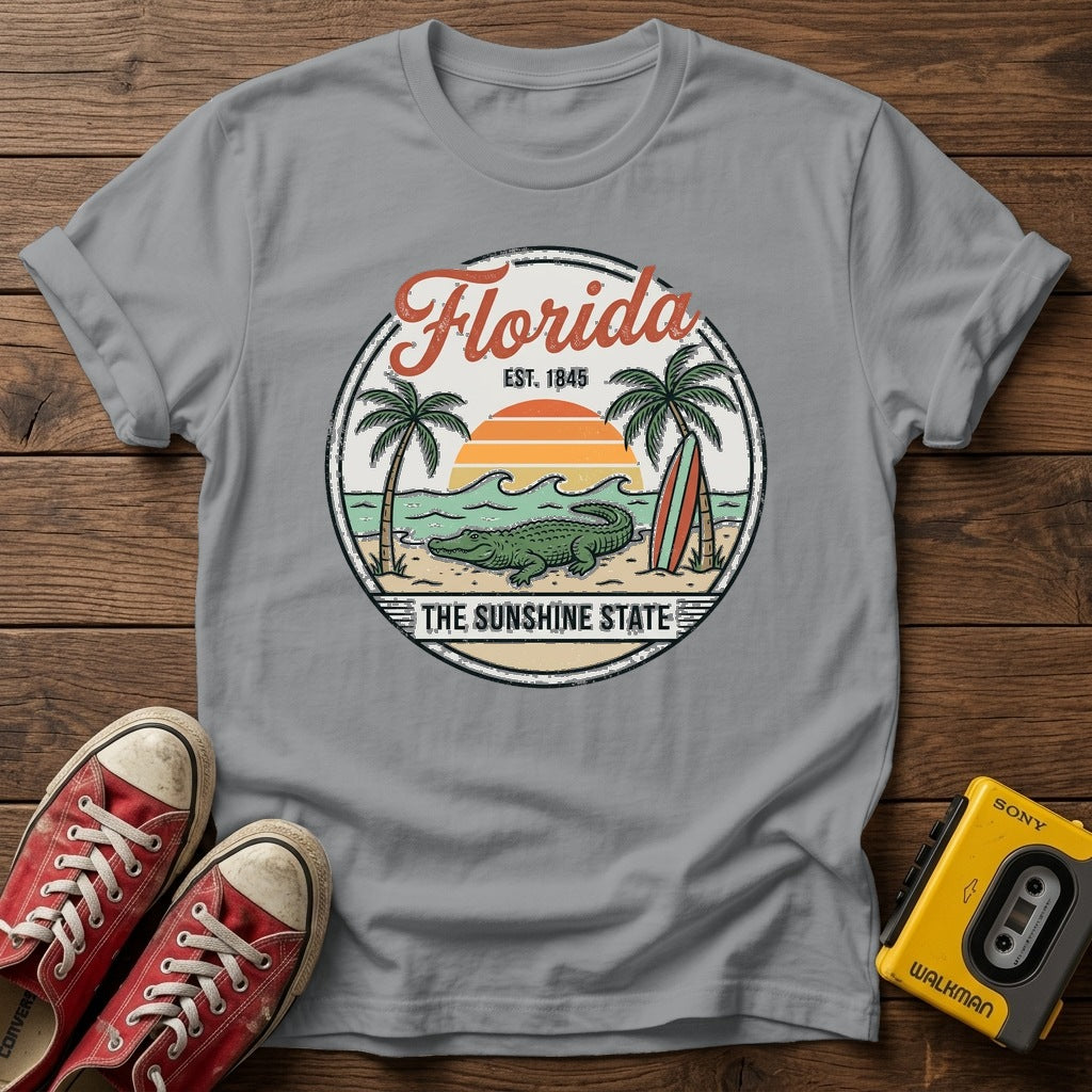 Florida Vintage Surf T-Shirt — Sport Grey wood flat-lay