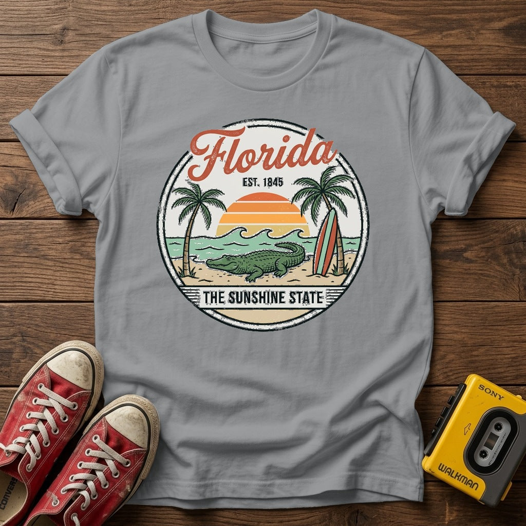 Florida Vintage Surf T-Shirt — Sport Grey wood flat-lay