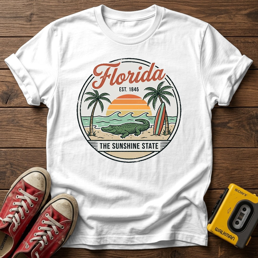 Florida Vintage Surf T-Shirt — White wood flat-lay