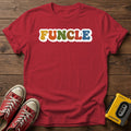 Funcle Colorful Retro Logo T-Shirt — Cherry Red wood flat-lay