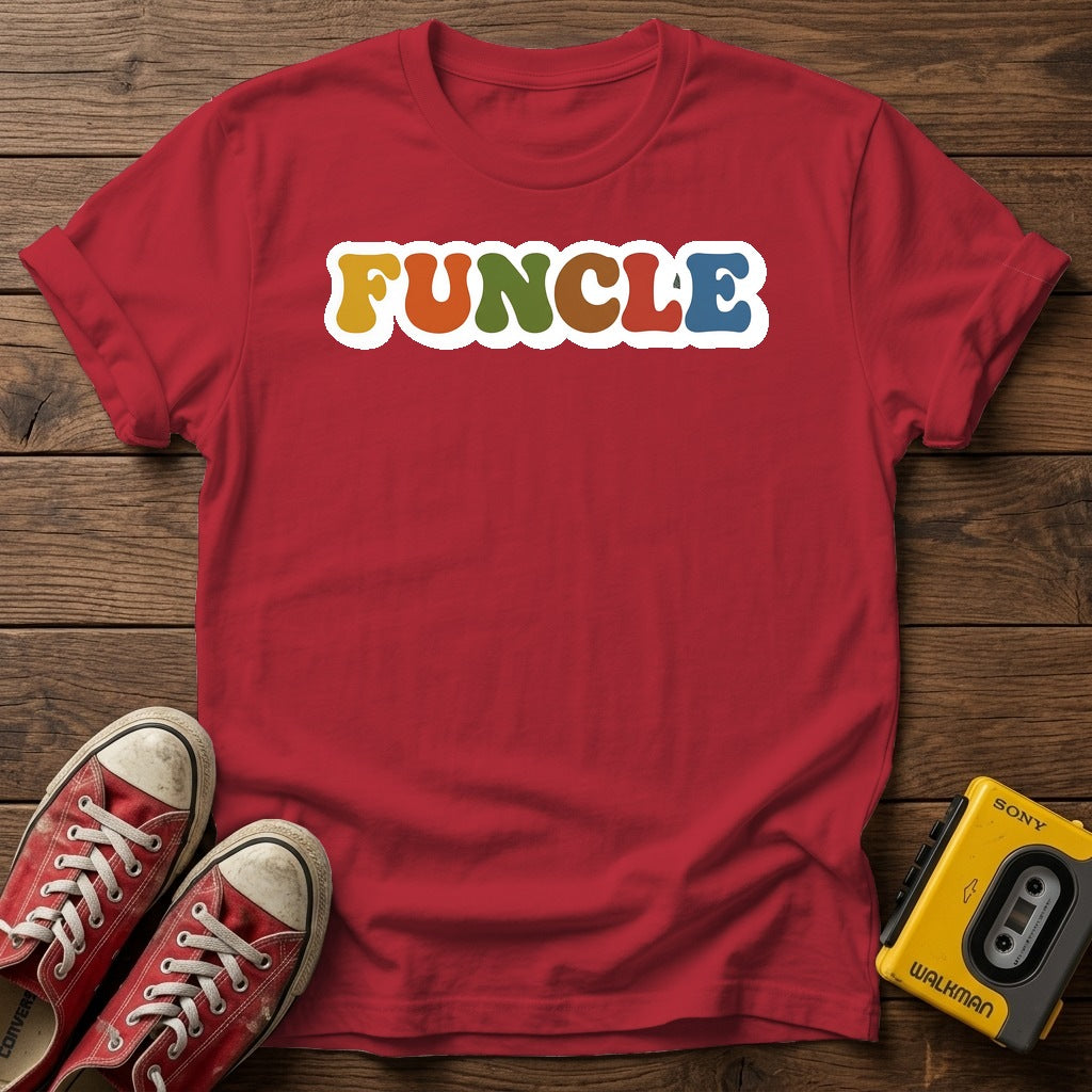 Funcle Colorful Retro Logo T-Shirt — Cherry Red wood flat-lay