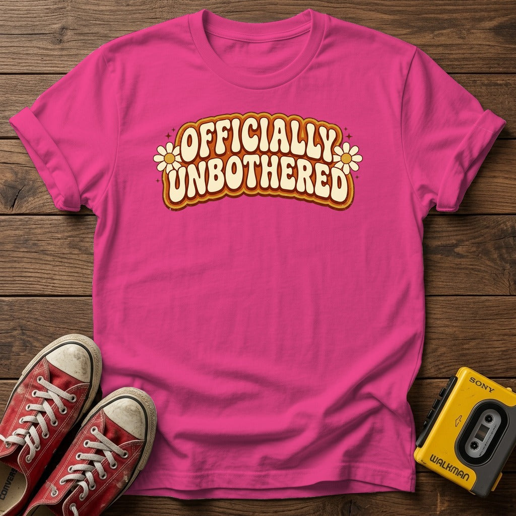 Officially Unbothered T-Shirt, Heather Heliconia, wood flat lay