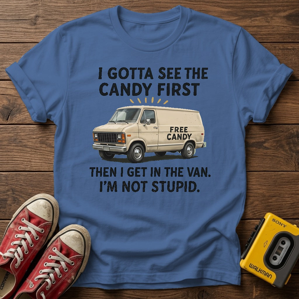 “I Gotta See the Candy First” Van T Shirt — Heather Indigo wood flat-lay