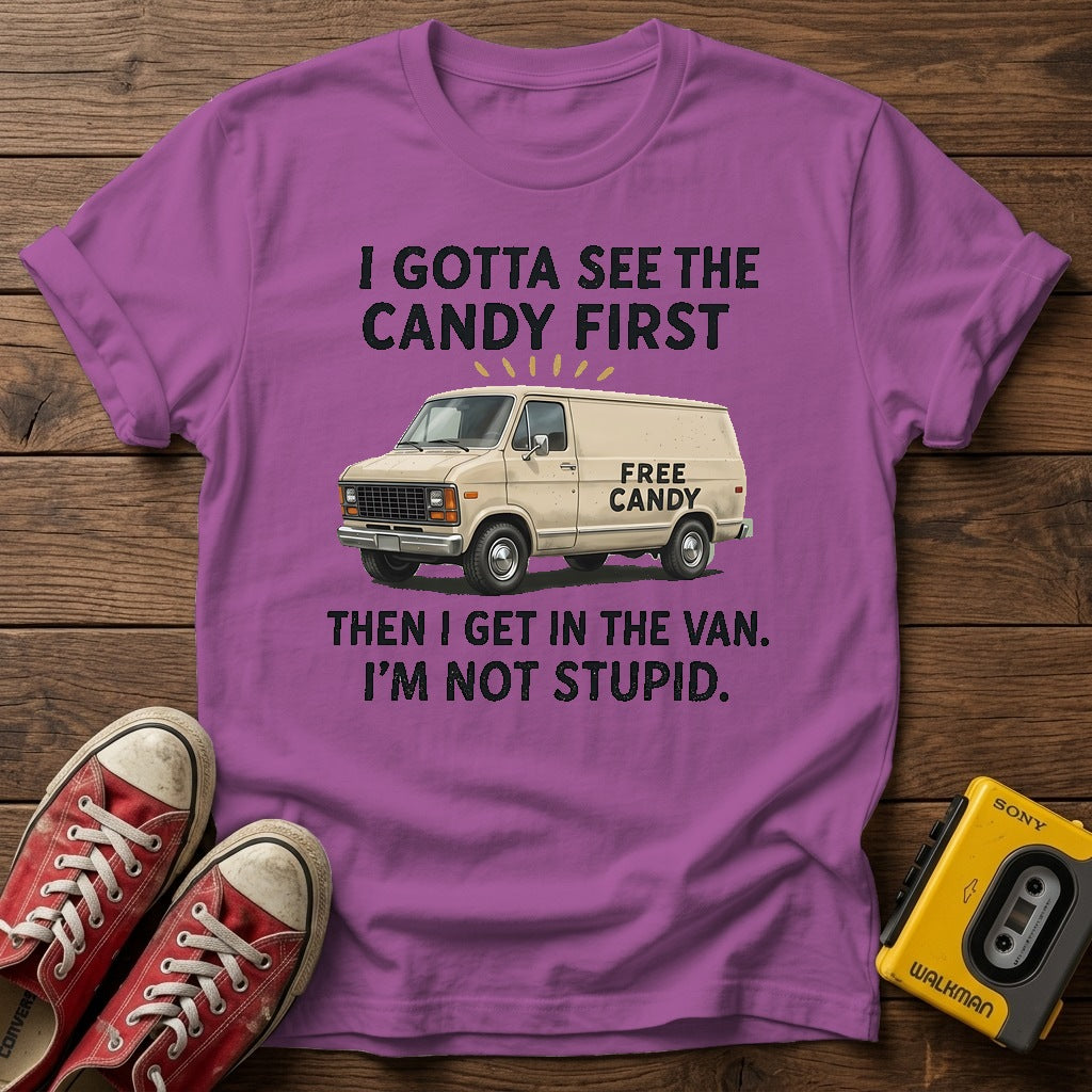 “I Gotta See the Candy First” Van T Shirt — Heather Radiant Orchid wood flat-lay