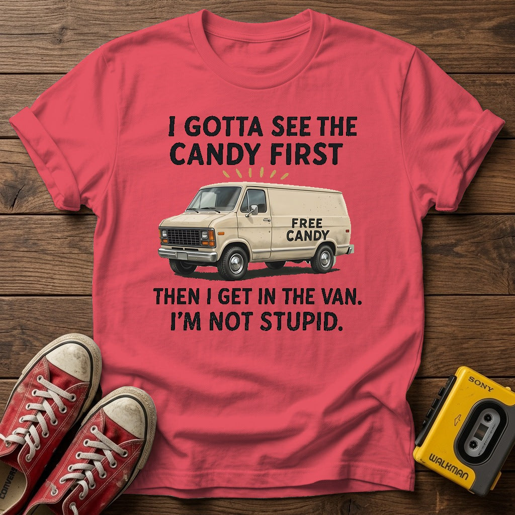 “I Gotta See the Candy First” Van T Shirt — Heather Red wood flat-lay