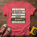 “I Still Want To Know What Eight Was For” Retro VHS Stack T Shirt — Heather Red wood flat-lay