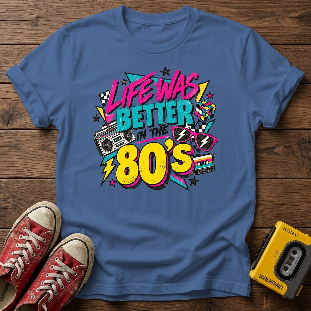 Life Was Better in the 80s T-Shirt — Heather Indigo wood flat-lay