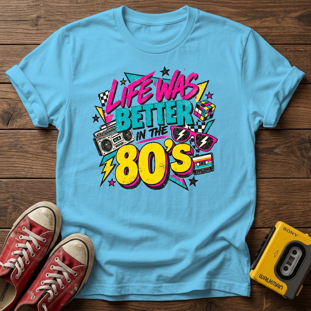 Life Was Better in the 80s T-Shirt — Sky wood flat-lay